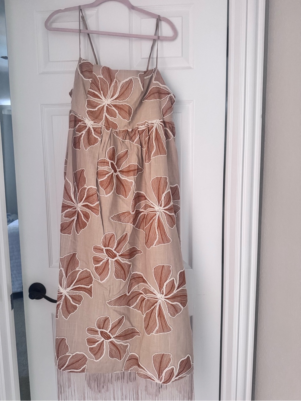 Beige Floral Midi Dress with Fringe